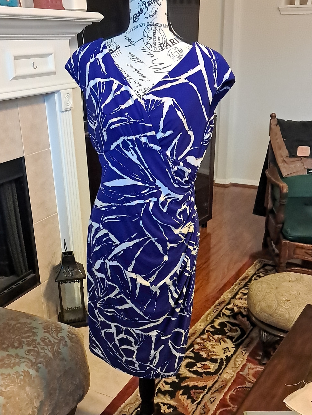 Lauren Ralph Lauren Royal Blue and White Printed Wrap-Style Midi Dress